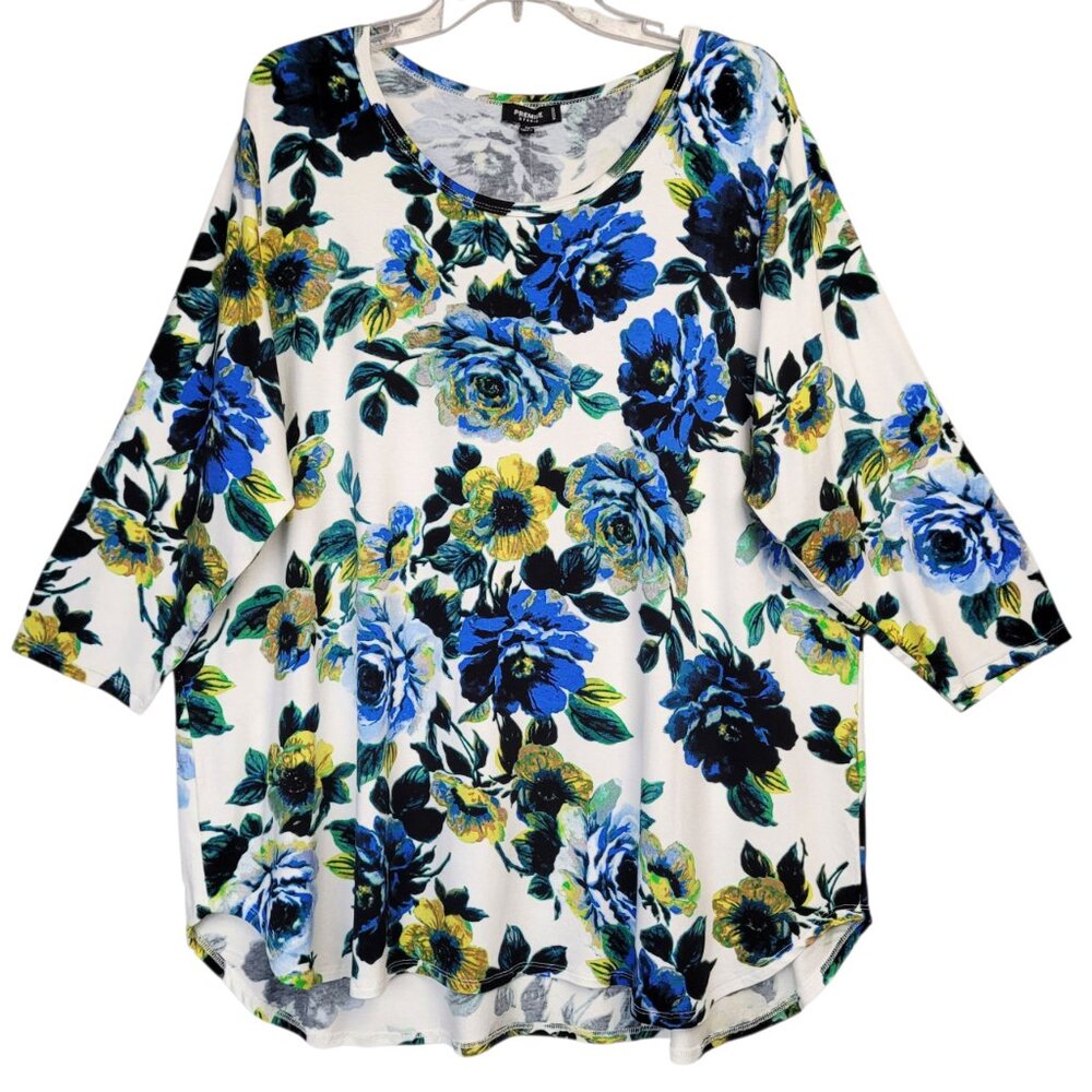 Premise Studio Top Women 3X Blue Floral 3/4 Sleeve Stretch Comfy Viscose Casual